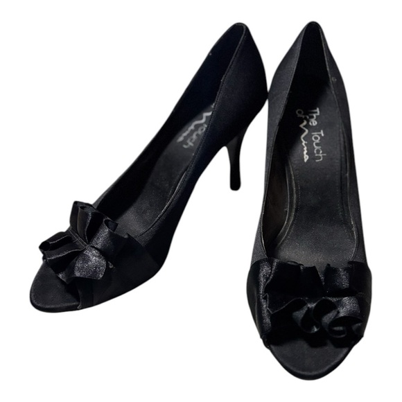 Touch of Nina Black Satin Heels Open Toe with Ruffle Size 7.5 Peep Toe Stiletto - Picture 10 of 13